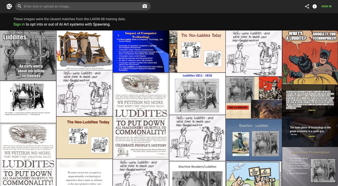 haveibeentrained 검색엔진에서 “luddites”(러다이트)를 검색한 결과 화면