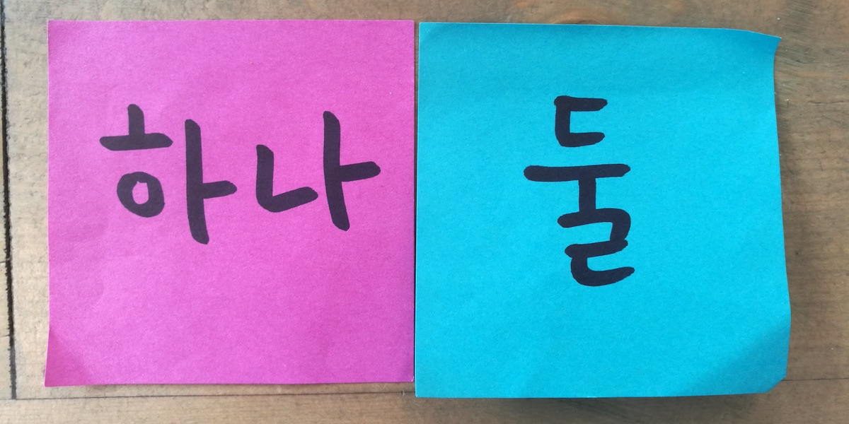 Two sticky notes with the words 'one' and 'two,' respectively.